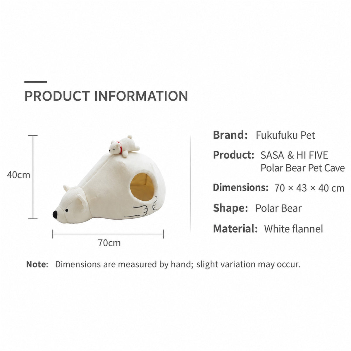 White polar bear pet cave bed dimensions: 70 cm long, 43 cm deep and 40 cm high