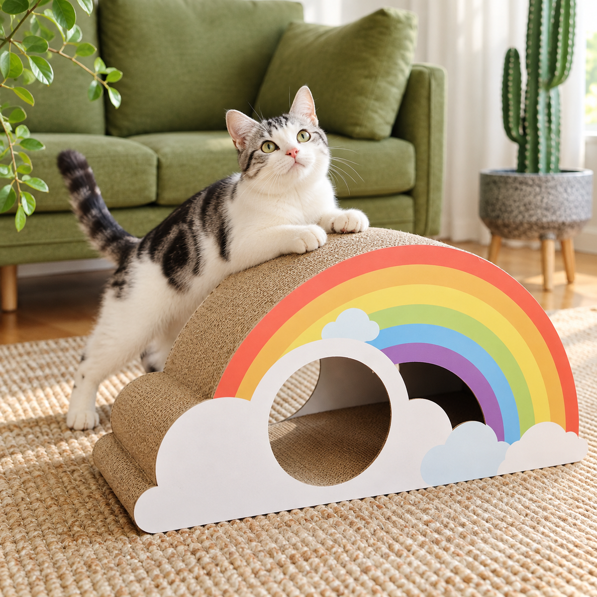 Revised | Rainbow Cat Scratcher Cardboard 2-in-1 Multifunctional Cat Scratcher Lounge Bed Cat Scratching Pad for Indoor Cats as Furniture Protector Cat Training Toy gallery image 07 | square composition