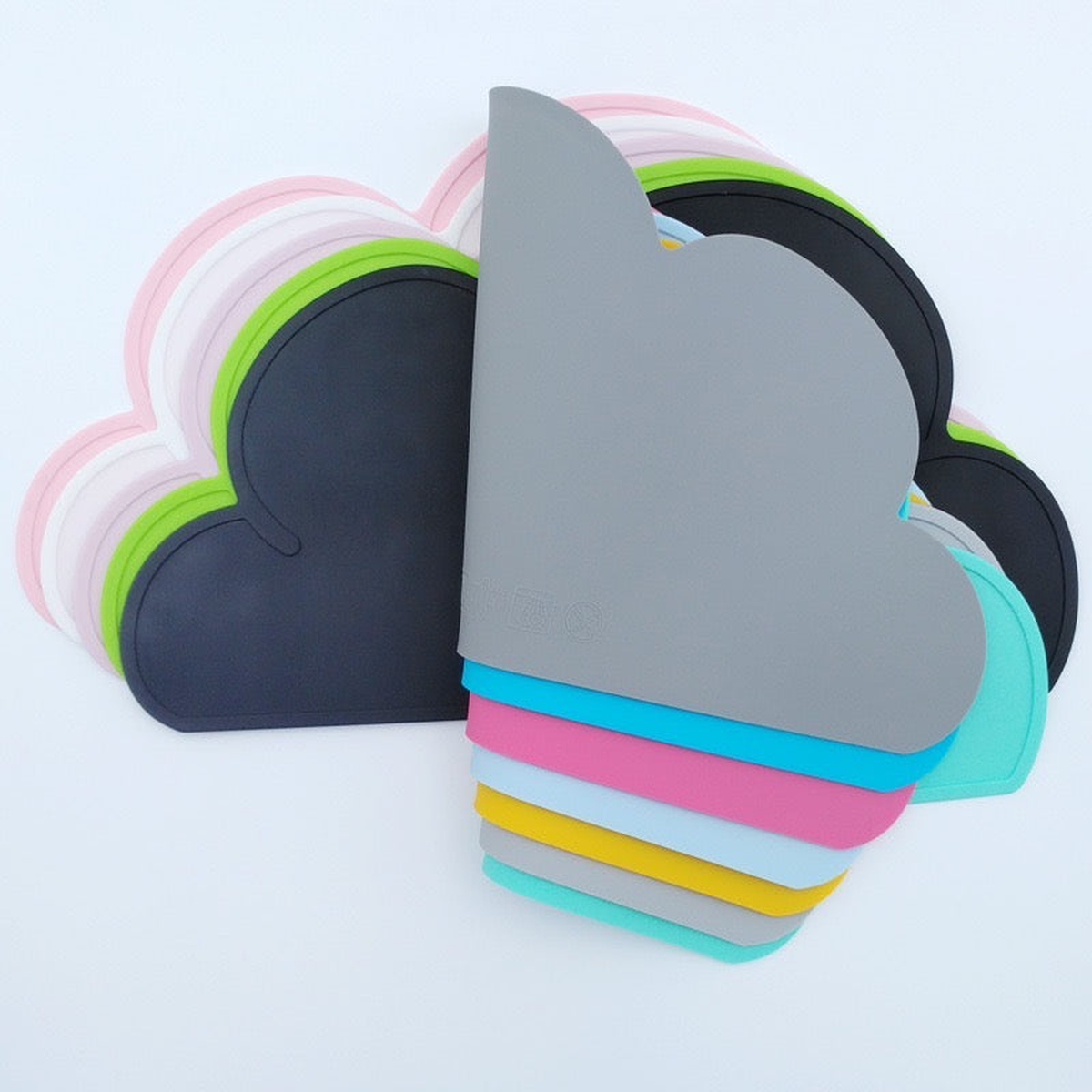 Revised image showing stacked silicone cloud pet bowl mats in many colours