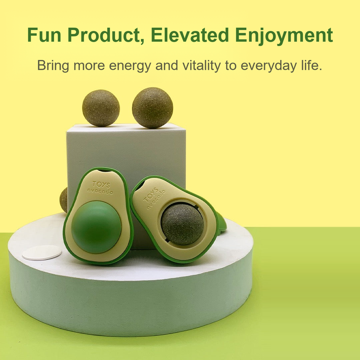 Avocado catnip ball toy product display with catnip balls