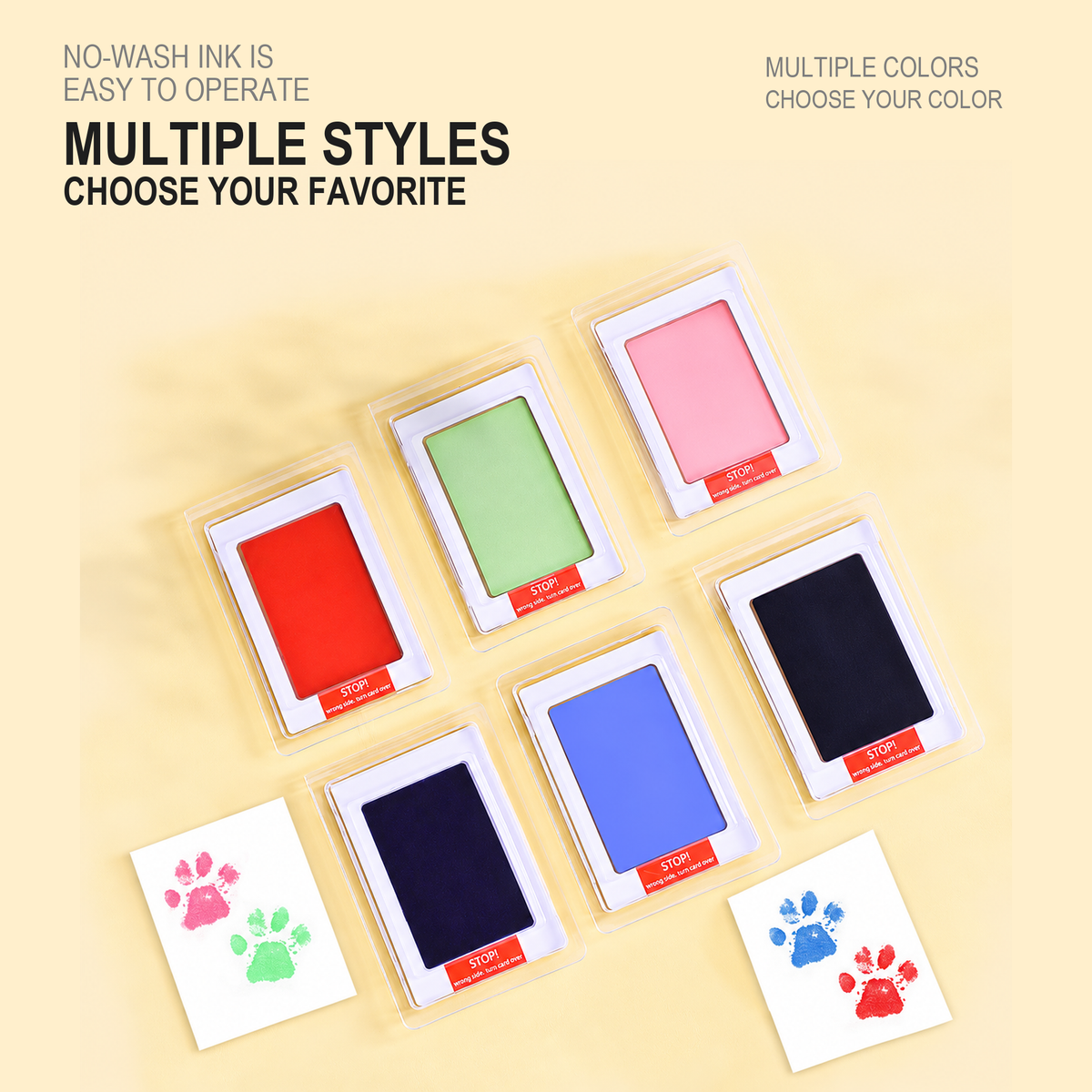 Multiple color no-wash paw print ink pads with clear results