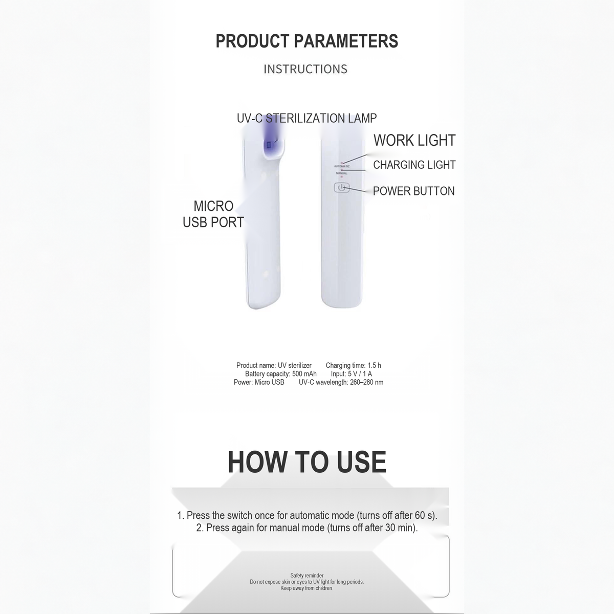 Portable UV-C sterilizer instructions showing the Micro USB port, UV-C lamp and controls, English translated square detail image