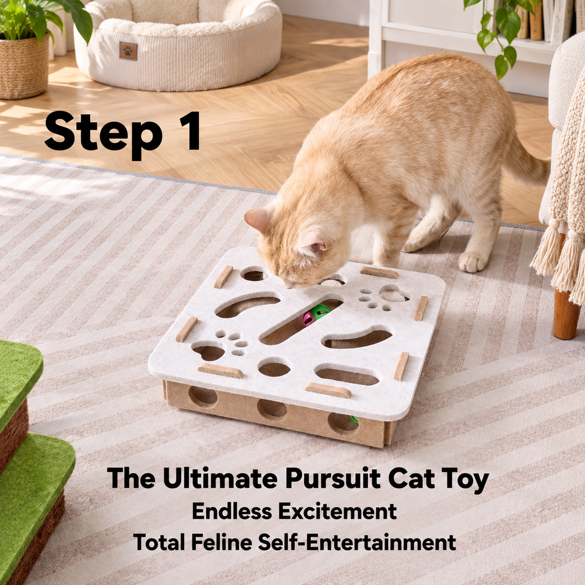 Retro Felt Play Station: The Smart Cat Challenge | source media 35047194427554 | content-safe square revision | TEXT_LAYOUT_REBUILD | textLayer=transparent-overlay | backgroundMode=scene-outpaint | 20260920-v1