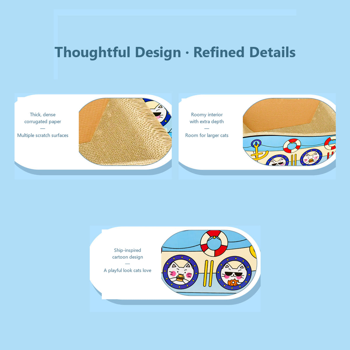 Deku ship cat bed detail diagram with corrugated base and interior, English [Gallery: Shared]