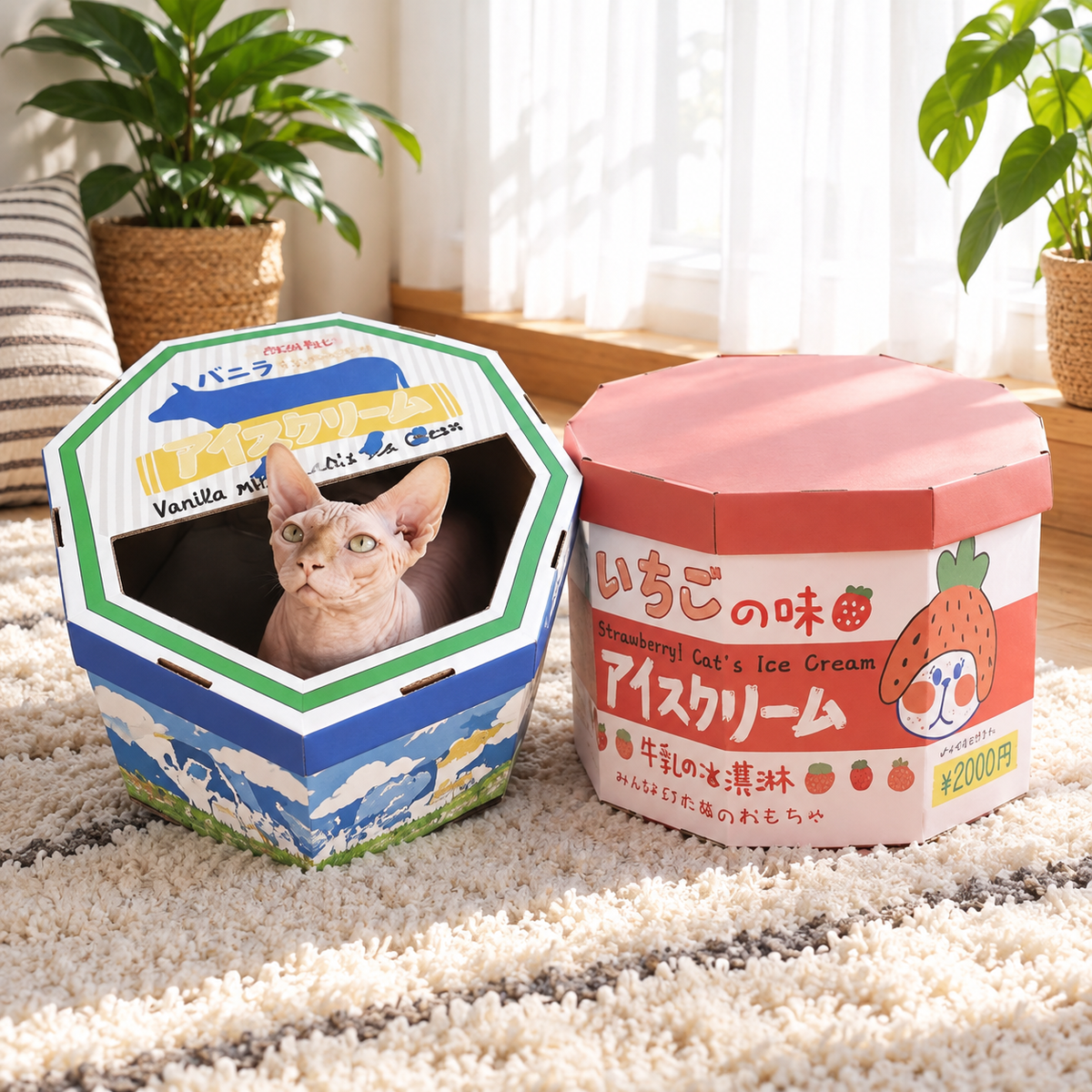 Misspet Ice-cream Box Cat Scratcher - blue and pink boxes with cat on a sunny rug