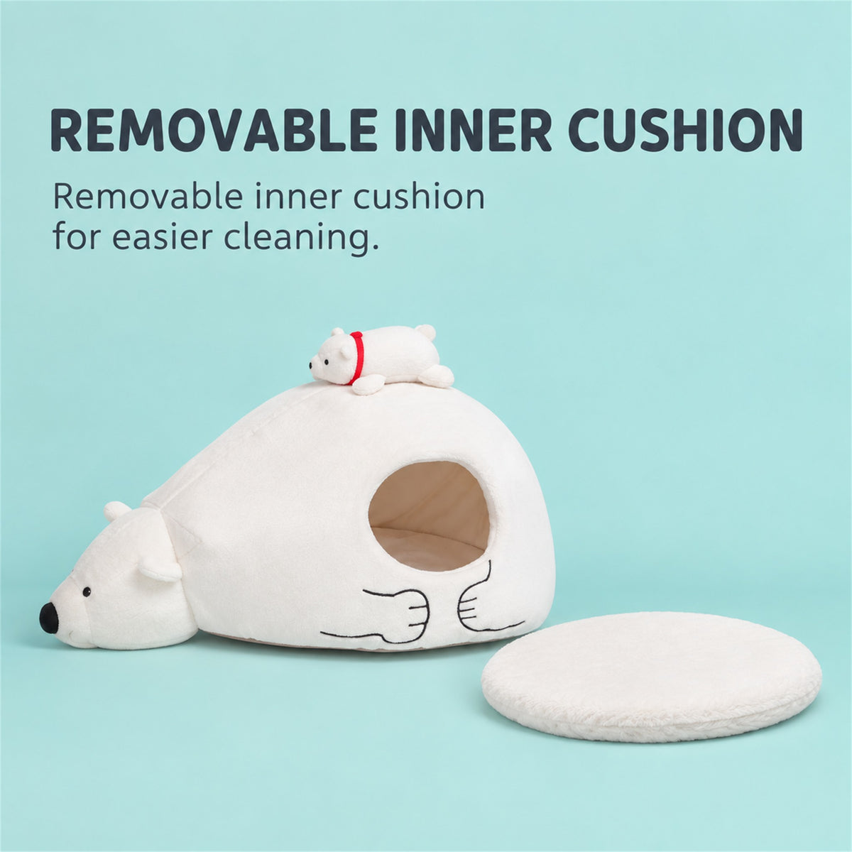 White polar bear pet cave bed with a removable inner cushion