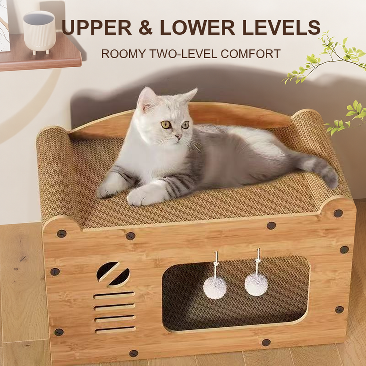 Wooden cat scratcher lounger structure and use details [Gallery: Details]