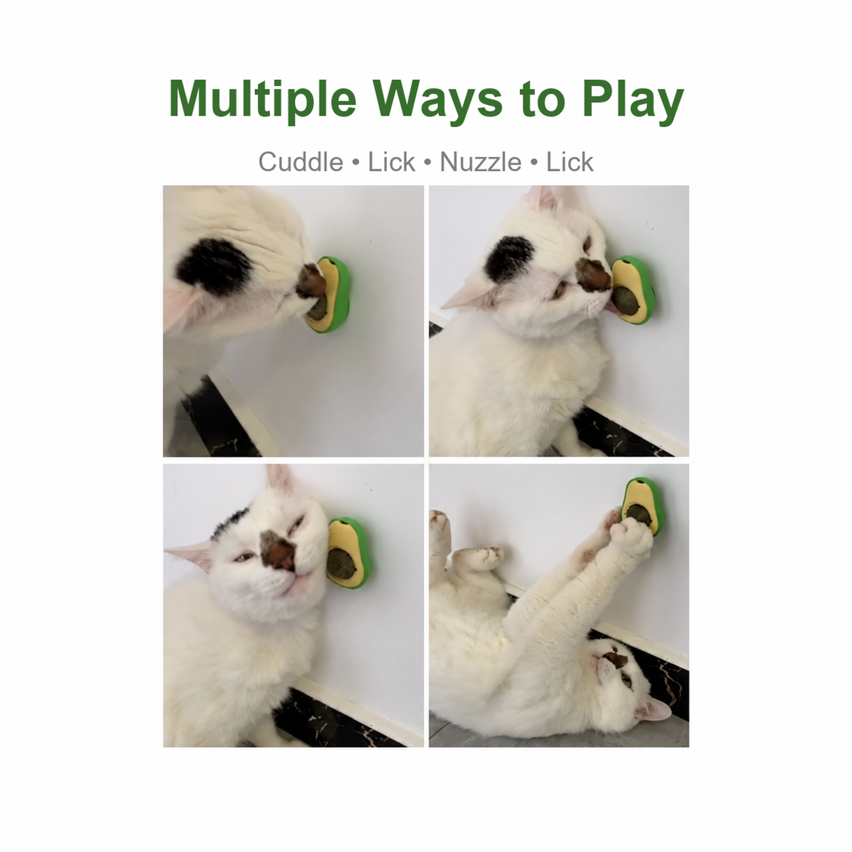 Cat playing with an avocado catnip ball toy