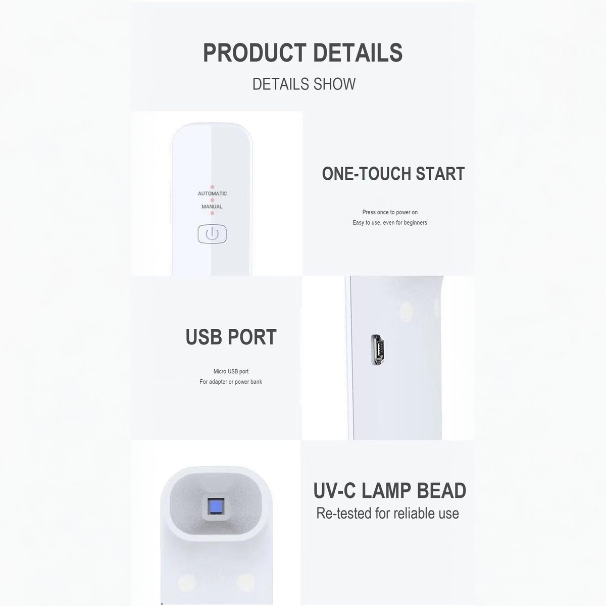 UV-C sterilizer details showing the power button, Micro USB port and UV-C lamp, English translated square detail image