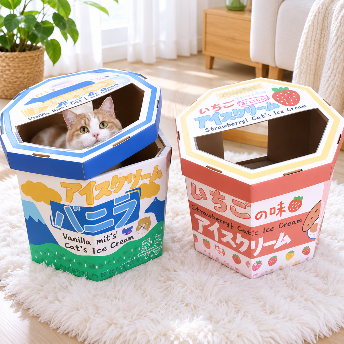 Misspet Ice-cream Box Cat Scratcher - elevated view of blue and pink open boxes