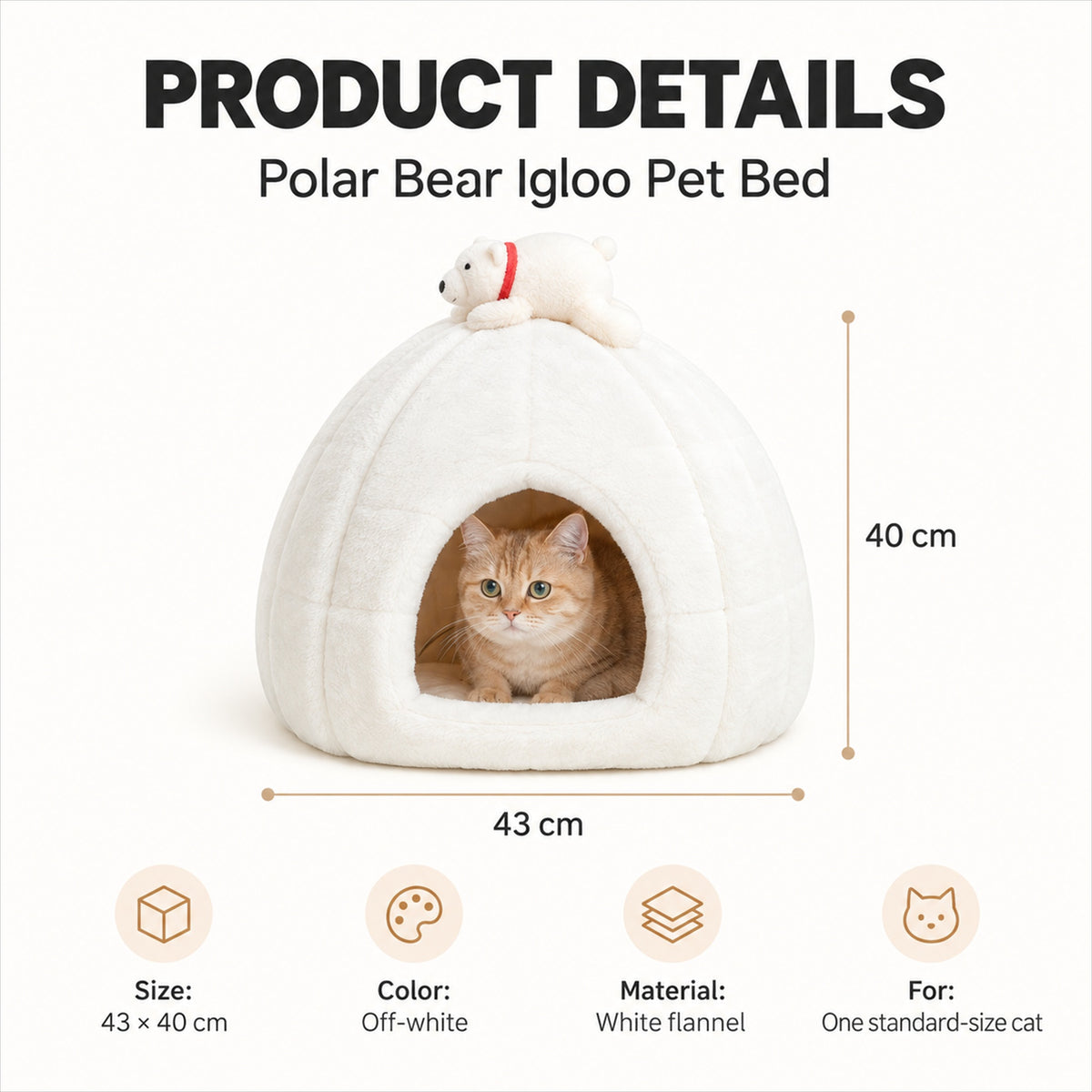 Polar bear igloo cat bed product details, size 43 by 40 cm, off-white white flannel