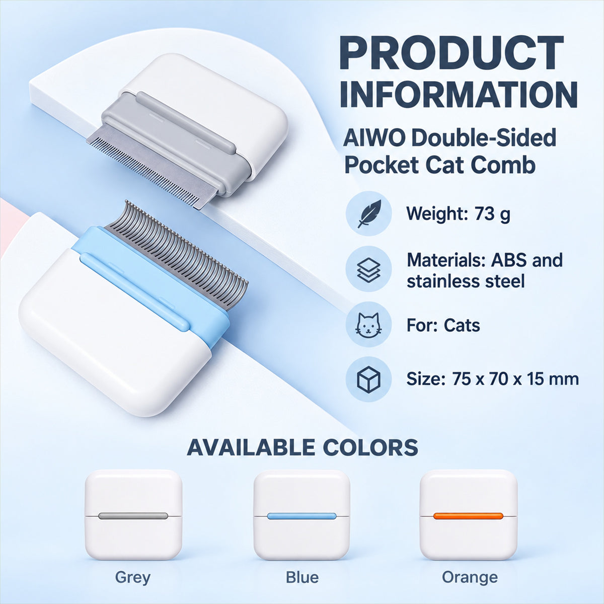 Aiwo Double-Sided Pocket Cat Comb product information, materials, size, and weight [Gallery: Detail]