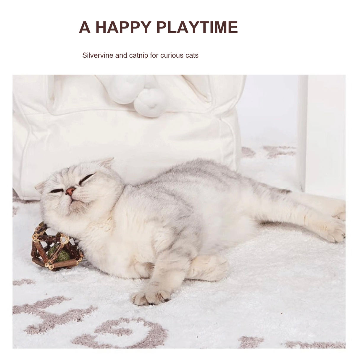 Cat resting beside a silvervine catnip ball toy