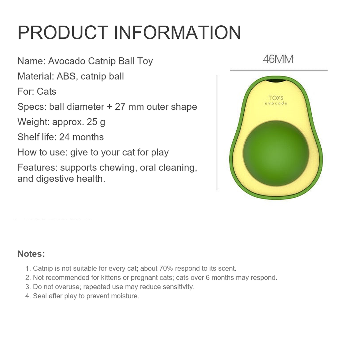 Avocado catnip ball toy size and product information