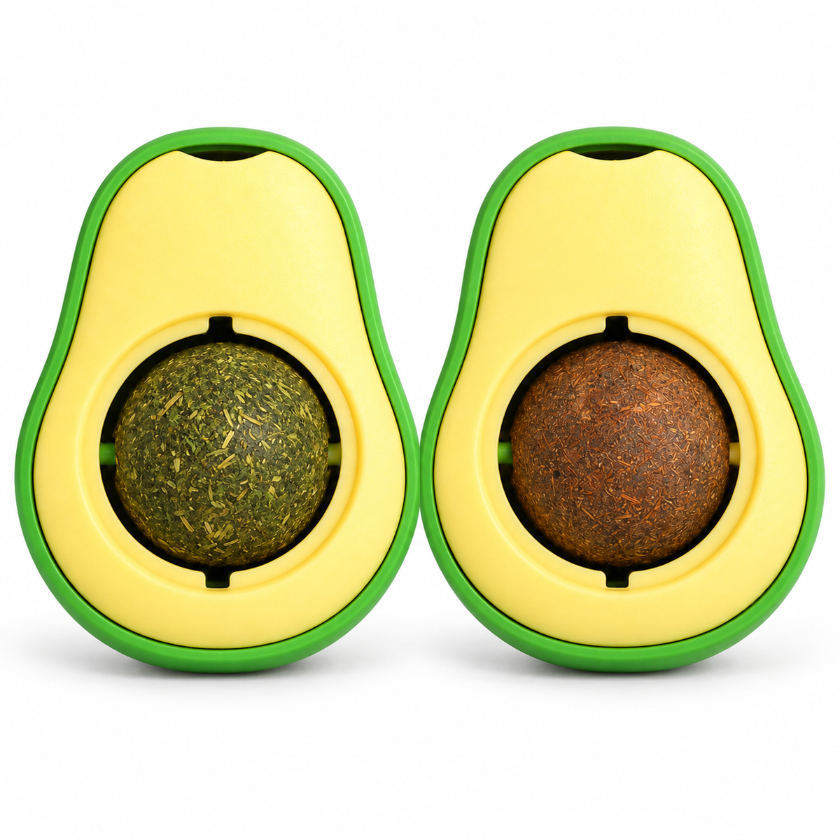 Avocado catnip ball toy multi-SKU white-background image with green catnip and brown gallnut balls