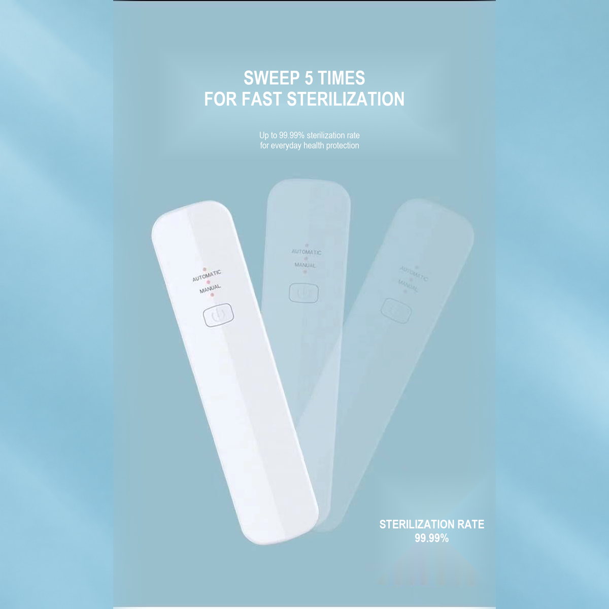 Portable UV-C sterilizer with a five-sweep disinfection instruction, English translated square detail image