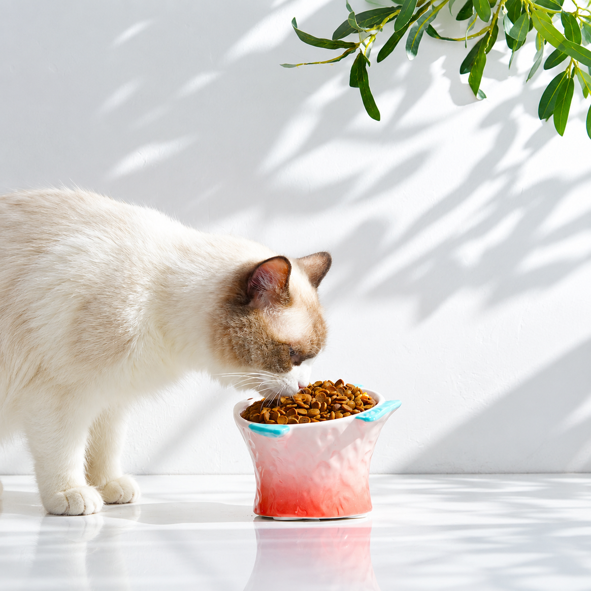 Hocc gradient pink fish-shaped ceramic cat bowl shown during mealtime [Gallery: Lifestyle]