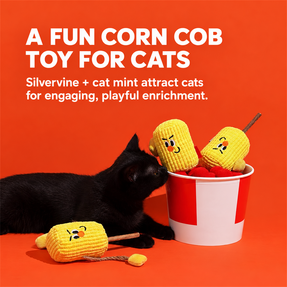Silvervine and cat mint corn cob toy for indoor cat enrichment