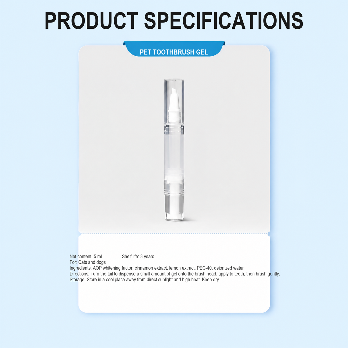 Pet dental gel applicator product specifications