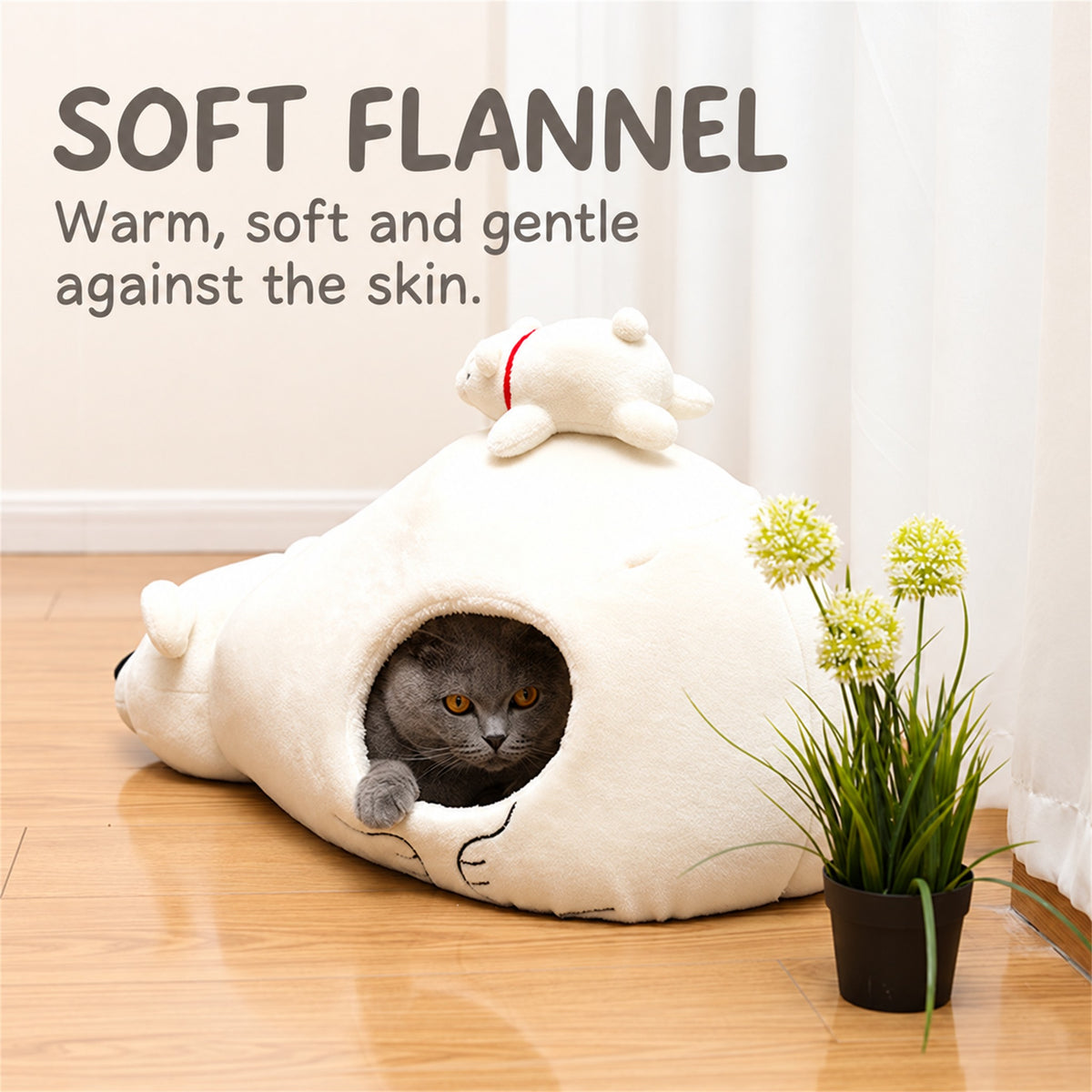 Soft white flannel polar bear pet cave bed with a cat