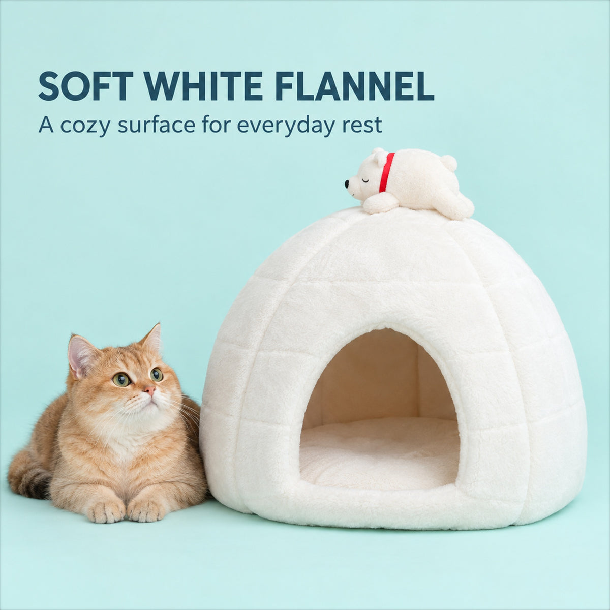 Soft white flannel polar bear igloo cat bed with cat