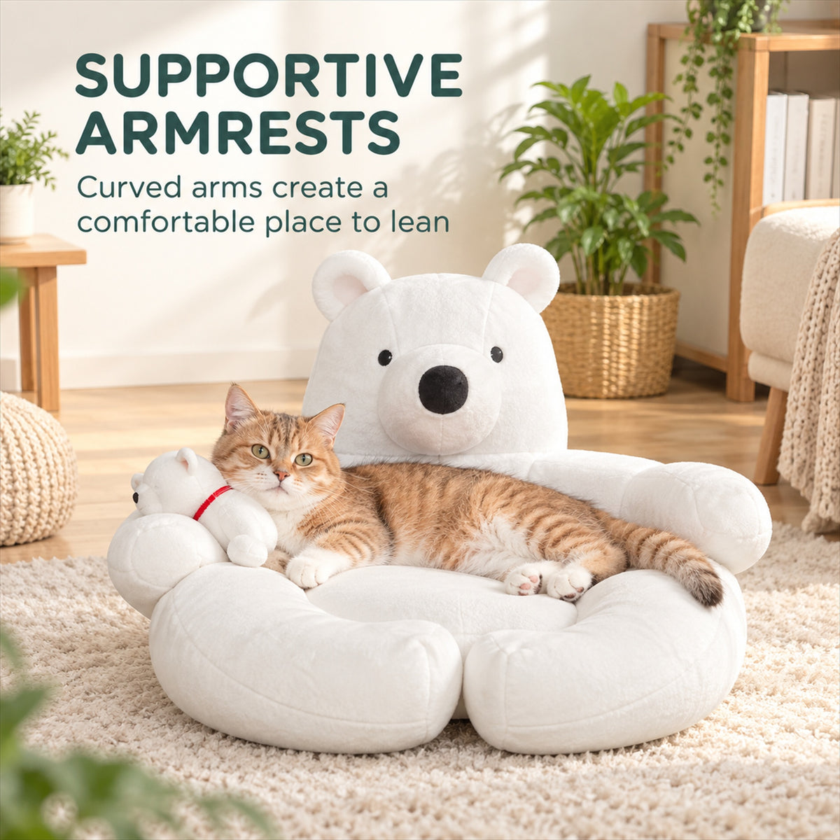 Supportive rounded armrests on a white polar bear pet sofa
