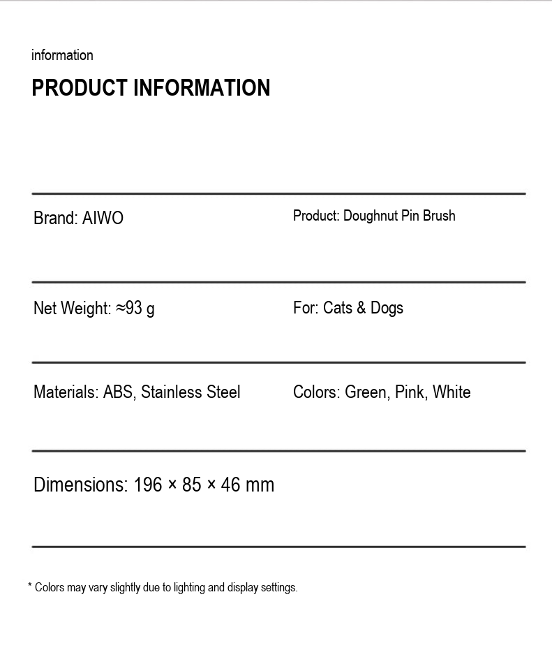 AIWO Doughnut Pin Brush product information, ABS and stainless steel, 93 g, 196 x 85 x 46 mm