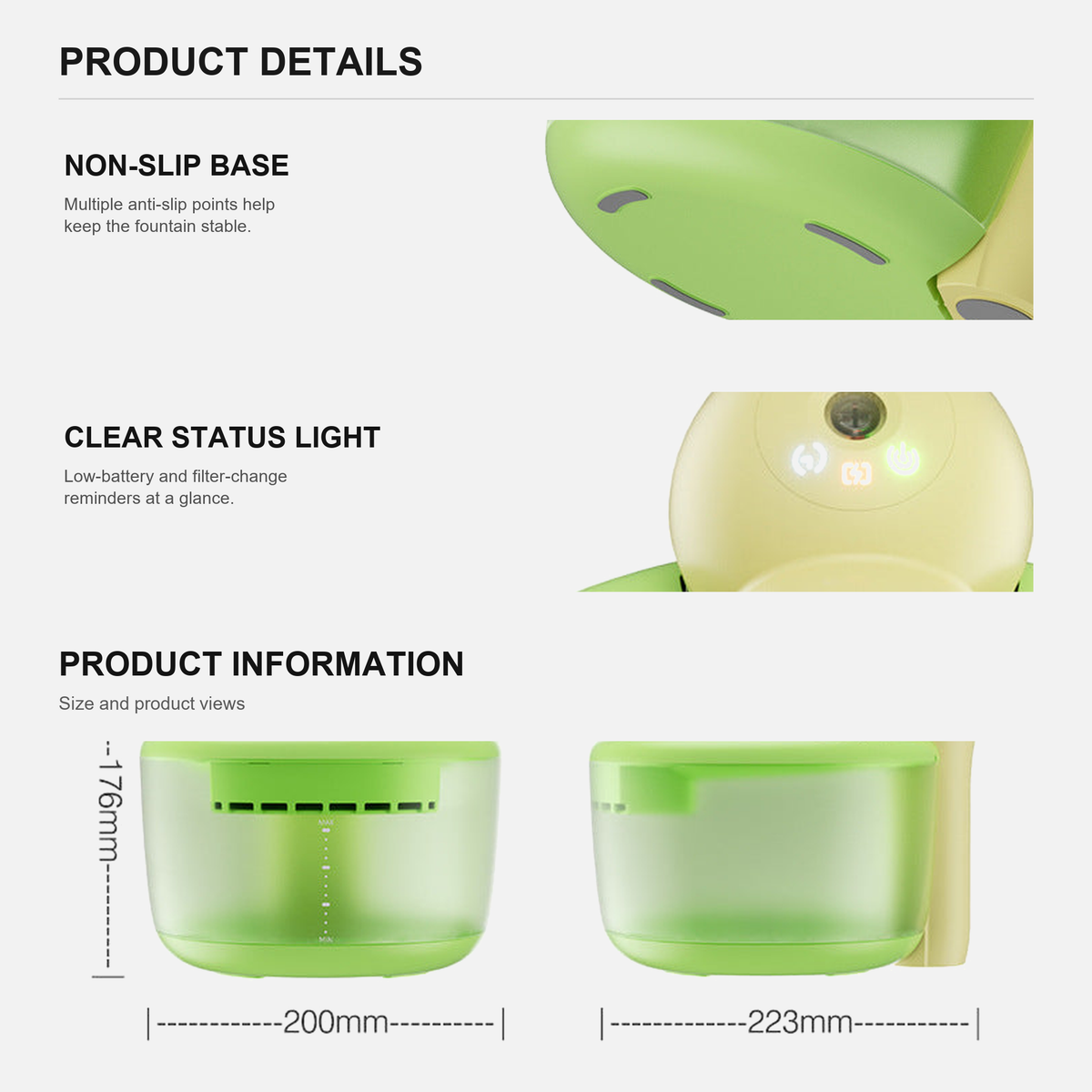 AIWO wireless pet water fountain | non-slip base, status light and product information | Revision 2 transparent text detail graphic