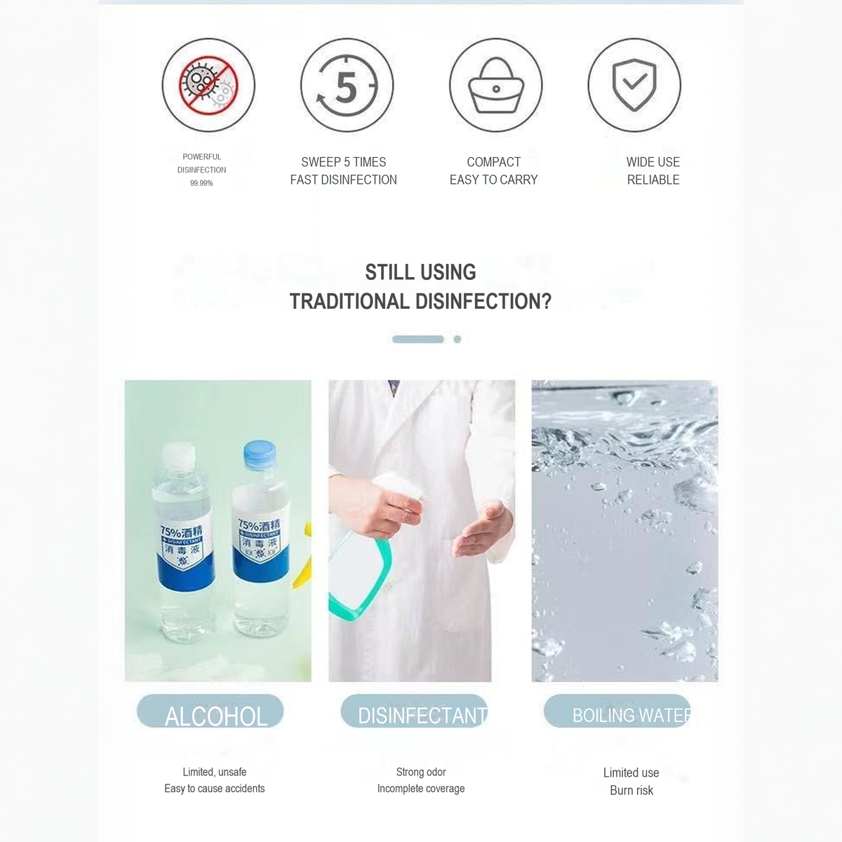 UV-C sterilizer comparison with alcohol, disinfectant and boiling water, English translated square detail image
