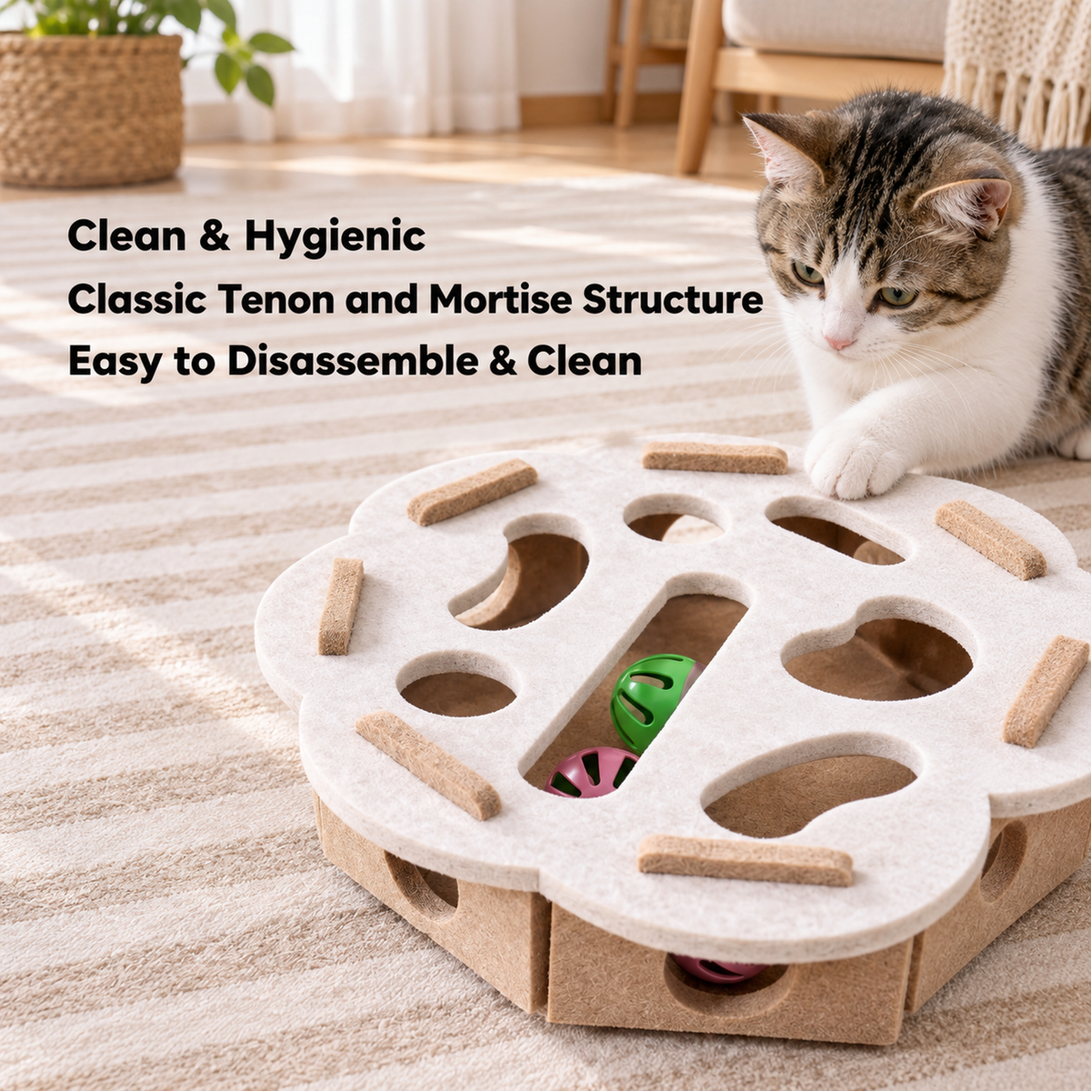 Retro Felt Play Station: The Smart Cat Challenge | source media 35047194525858 | content-safe square revision | TEXT_LAYOUT_REBUILD | textLayer=transparent-overlay | backgroundMode=scene-outpaint | 20260920-v1