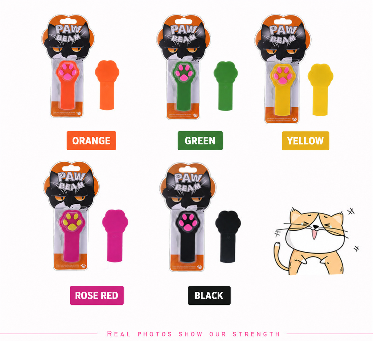 Paw-shaped cat laser toy colour options and packaging [Latest English correction for original 11]