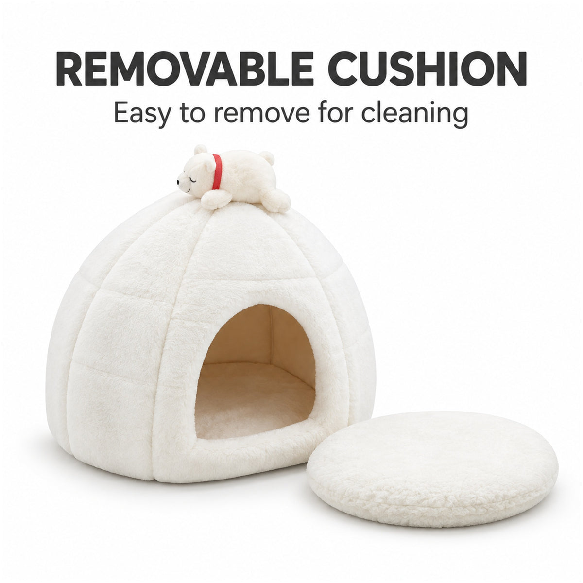 Removable cushion for a white polar bear igloo cat bed