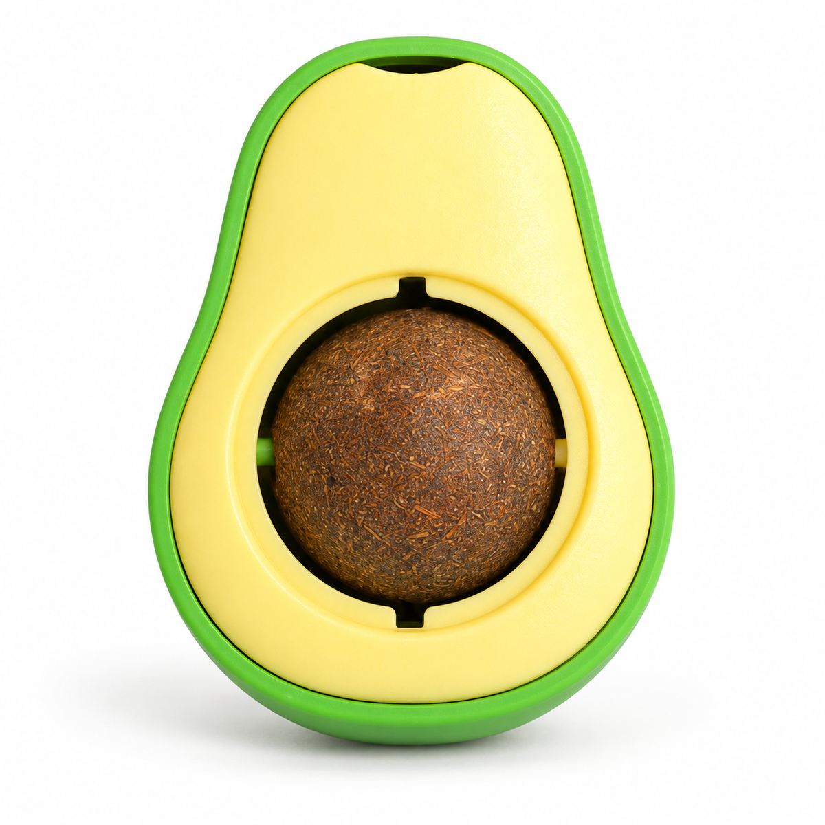 Avocado catnip ball toy single SKU with brown gallnut ball on white background