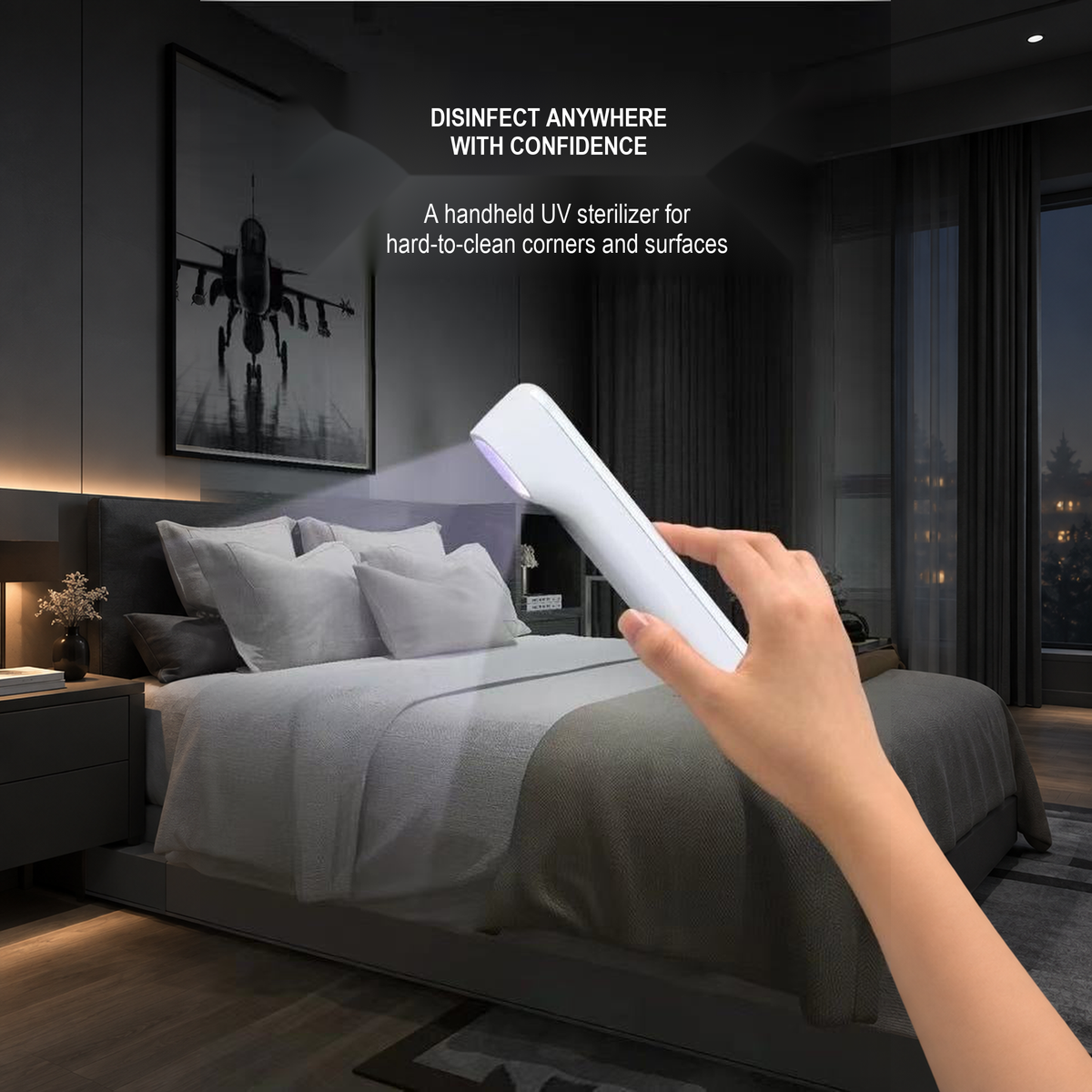 Handheld UV-C sterilizer used on hard-to-clean corners in a bedroom, English translated square detail image