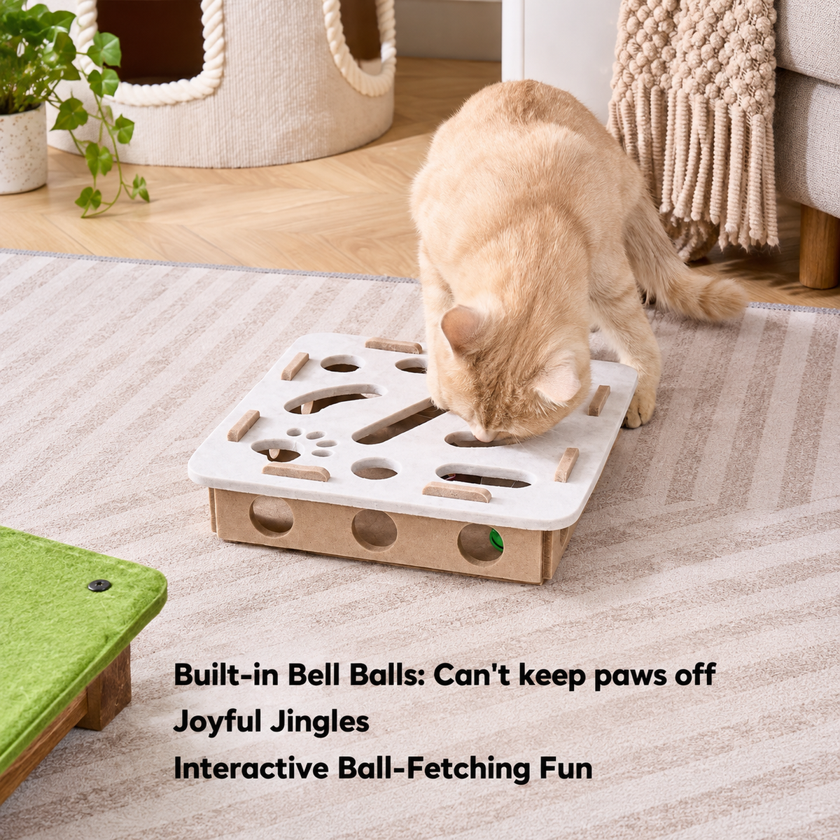 Retro Felt Play Station: The Smart Cat Challenge | source media 35047194558626 | content-safe square revision | TEXT_LAYOUT_REBUILD | textLayer=transparent-overlay | backgroundMode=scene-outpaint | 20260920-v1