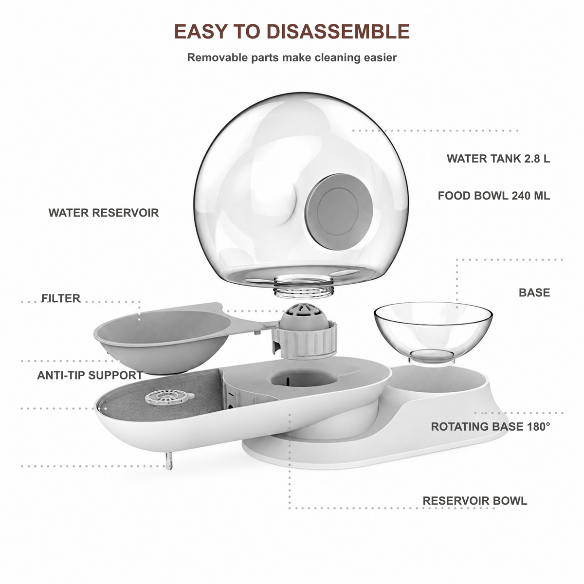AIWO pet water fountain and feeder removable parts and component diagram in English [Assembly v3]
