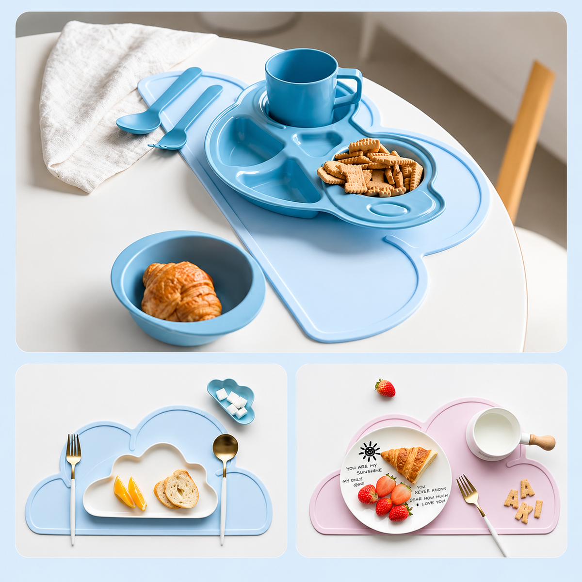 Revised lifestyle collage showing a cloud silicone pet bowl mat at mealtime