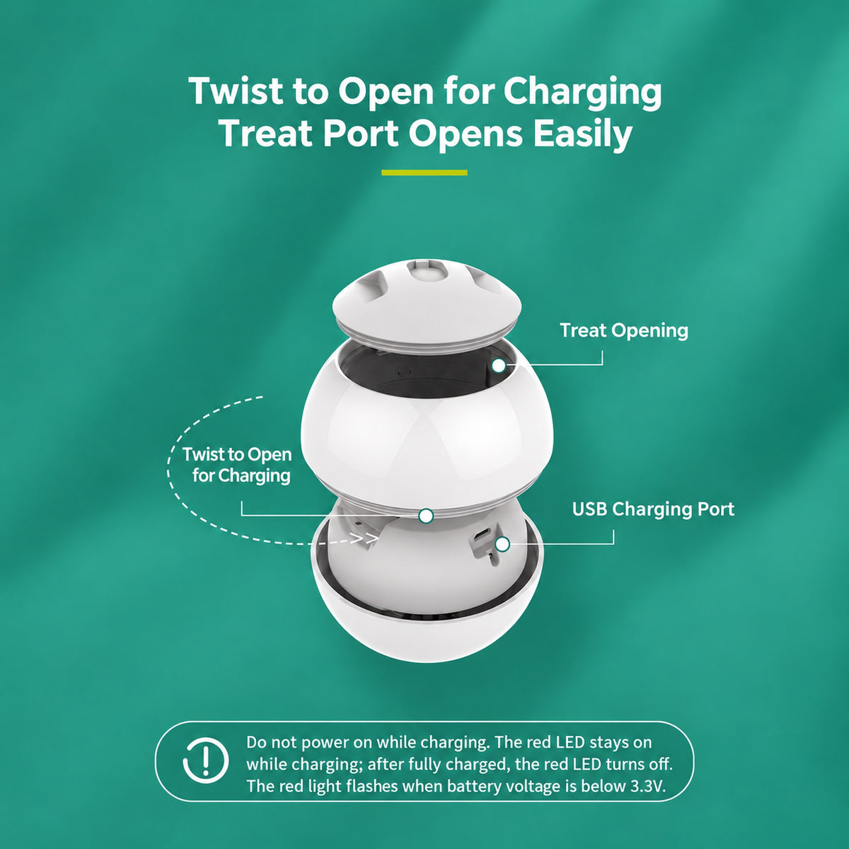 Aiwo rolling cat ball toy showing the treat opening and USB charging guide