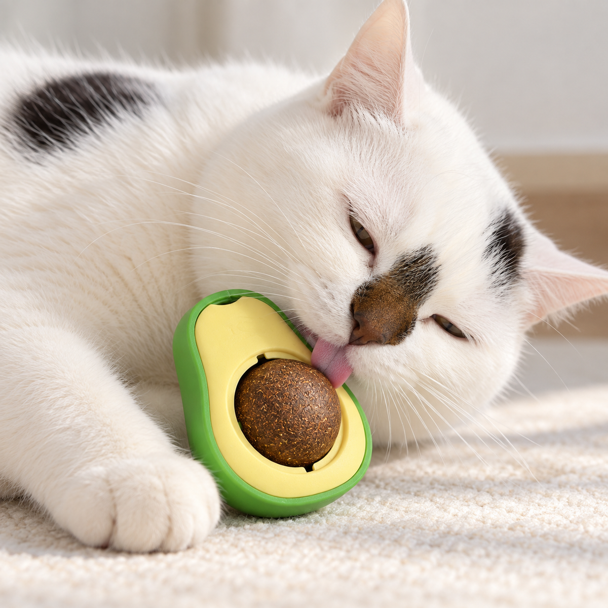 Cat licking an avocado catnip ball toy with a brown gallnut ball