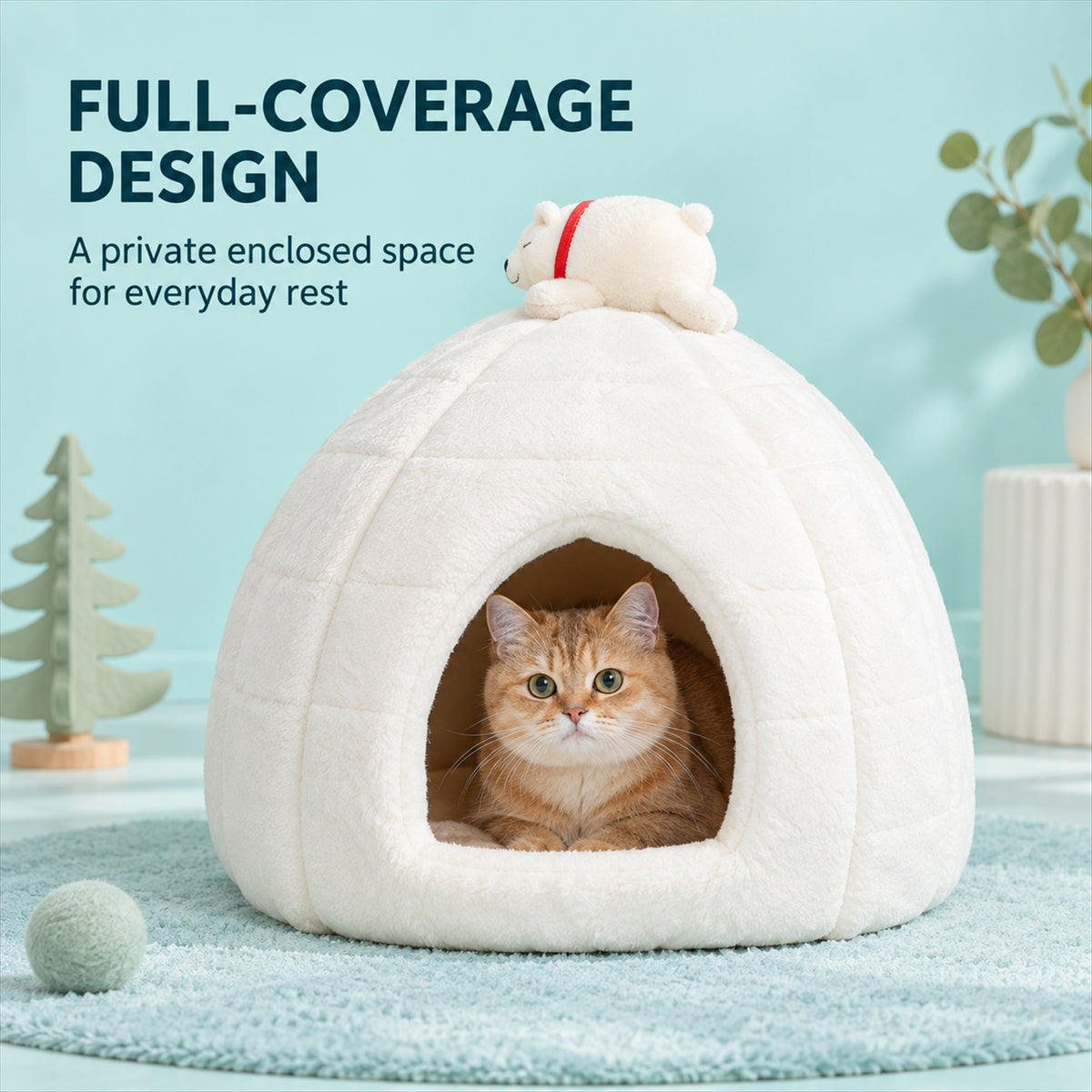 Cat resting in the full-coverage white polar bear igloo bed
