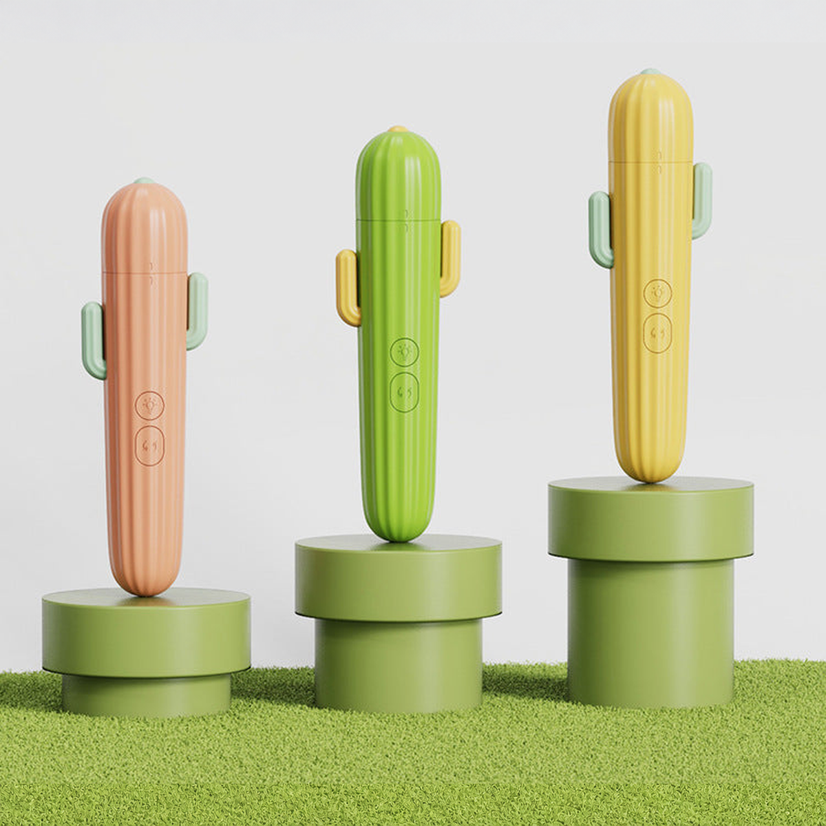 Cactus LED pet nail grinder shown in grass green, tangerine orange, and goose yellow