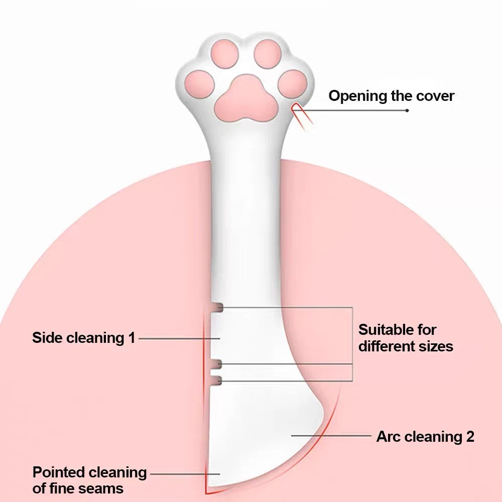 Paw-shaped pet food can opener opening and side-cleaning feature guide