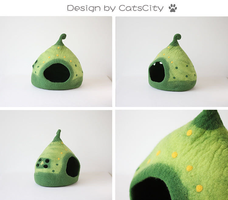 Original four-view forest green elf felt cat cave reference