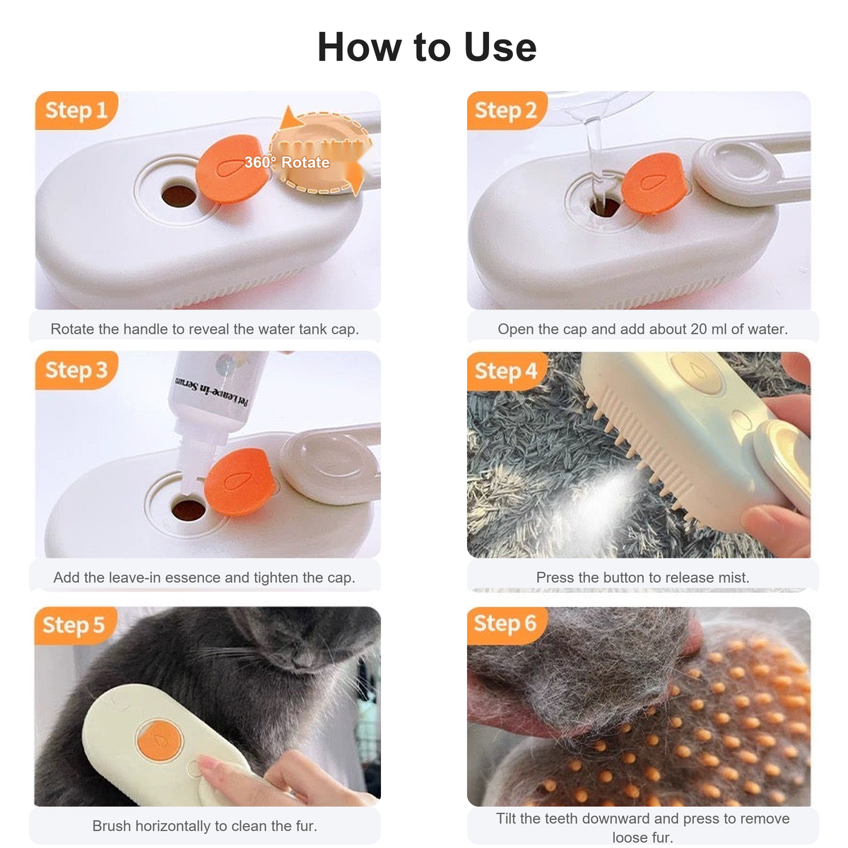 Steam Silicone Cat Grooming Brush usage steps