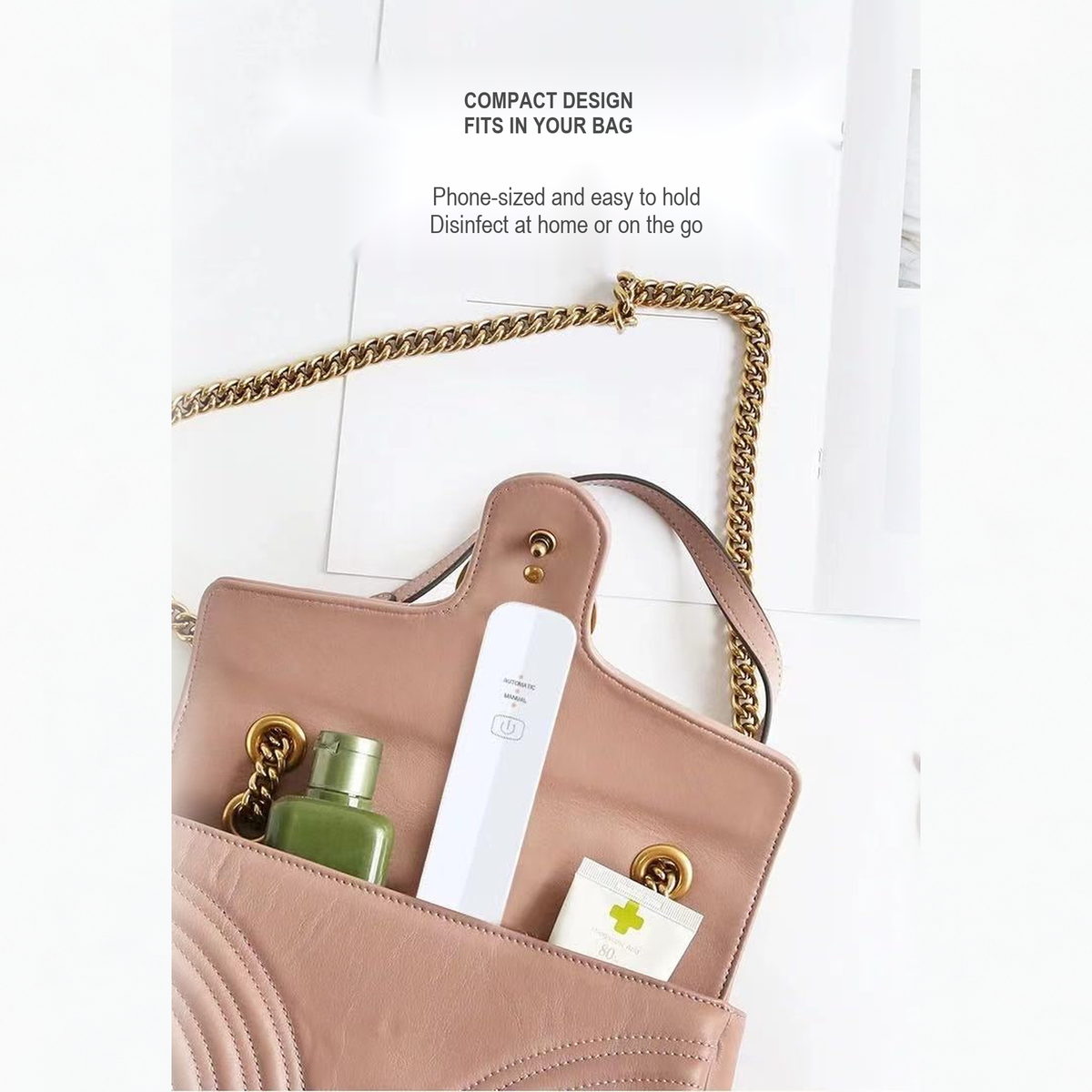 Compact handheld UV-C sterilizer shown in a travel bag, English translated square detail image