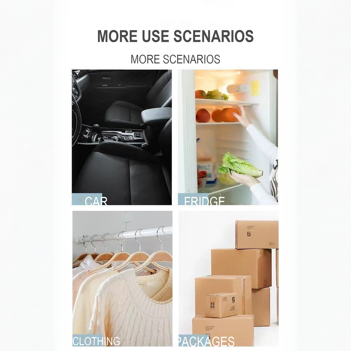 UV-C sterilizer use scenarios for cars, refrigerators, clothing and packages, English translated square detail image
