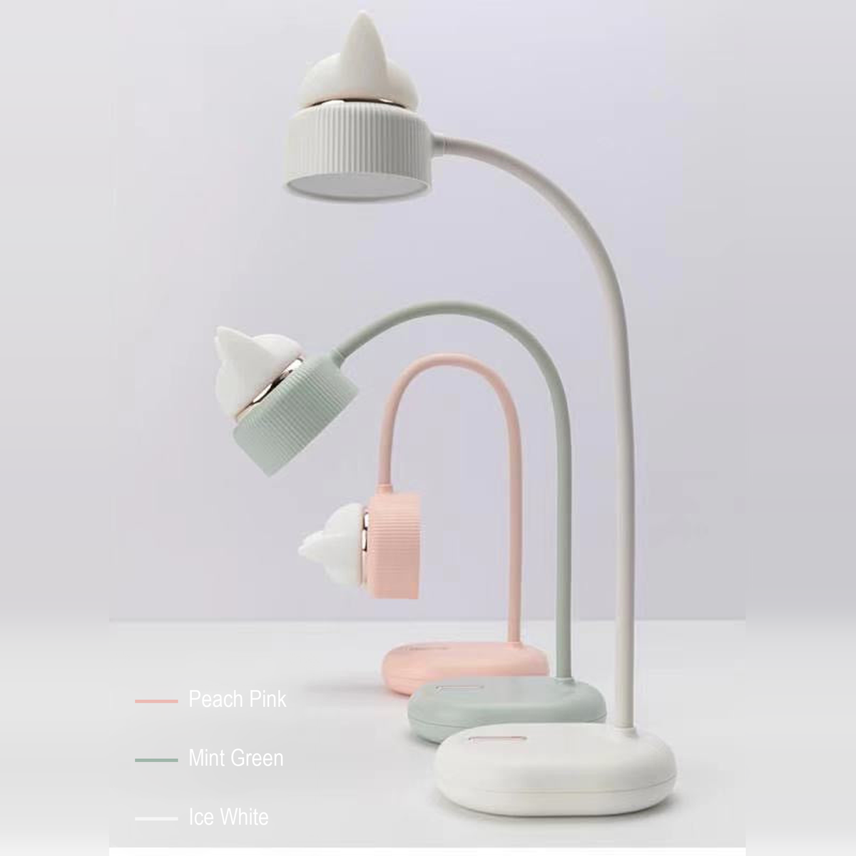 Cat-shaped rechargeable desk lamp in Peach Pink, Mint Green and Ice White