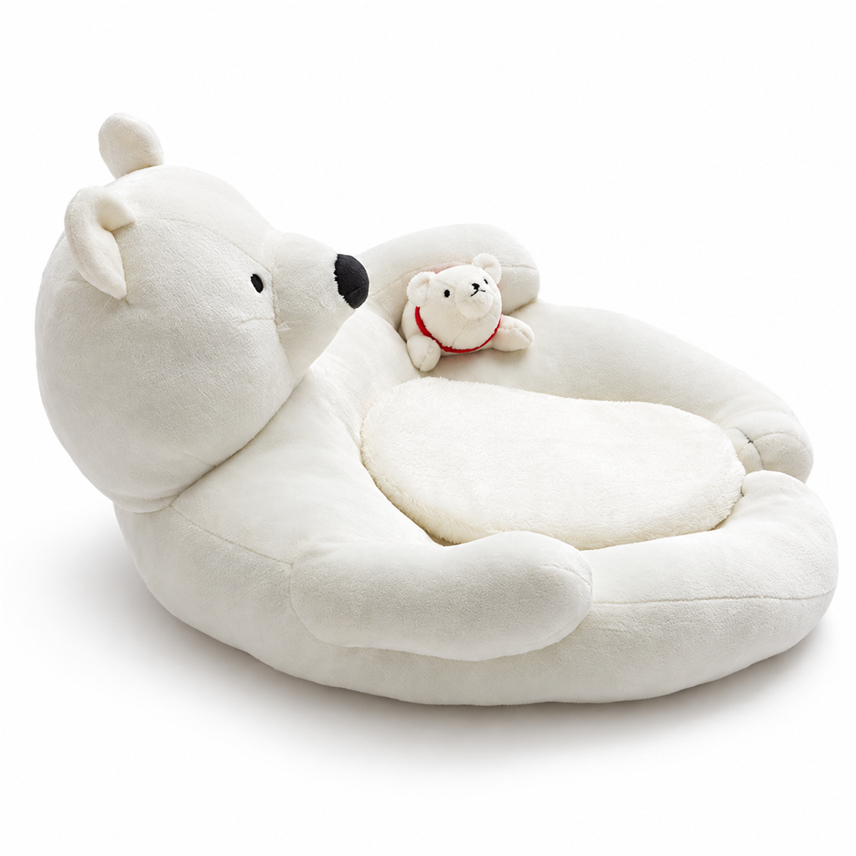 Side angle of a white polar bear pet sofa with a small bear companion