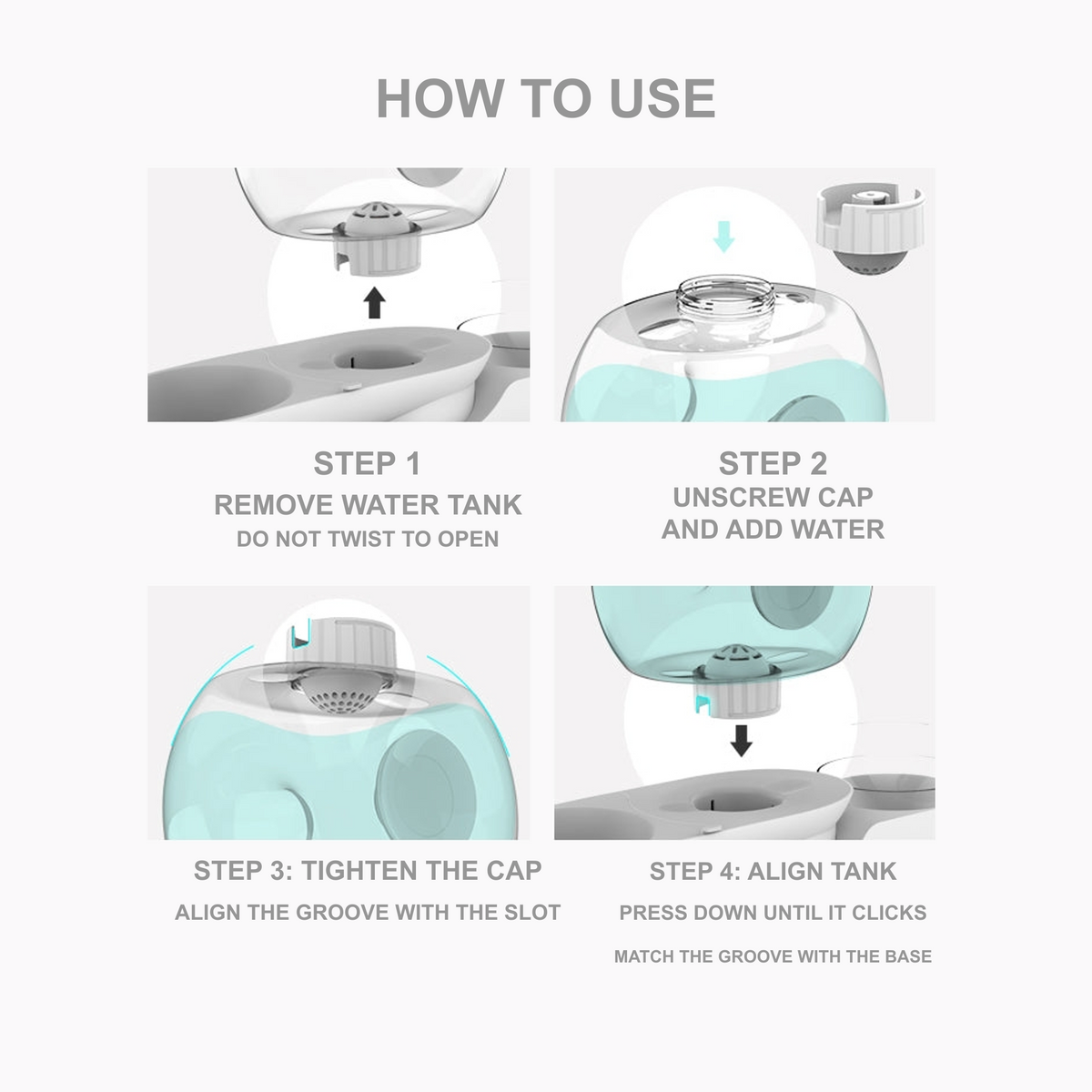 AIWO pet water fountain and feeder four-step usage guide in English [Use guide revision v6]