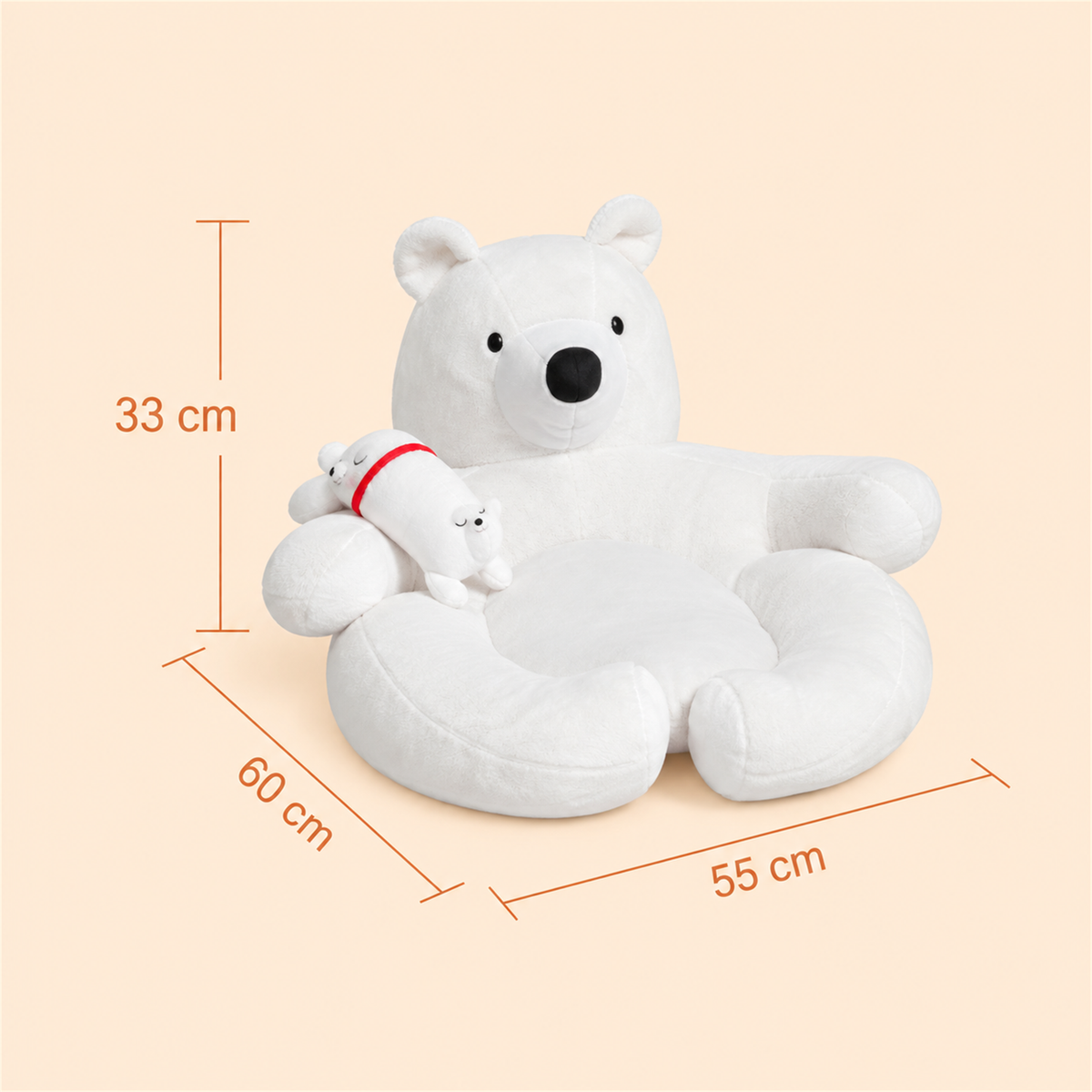 White polar bear pet sofa dimensions: 55 cm wide, 60 cm deep and 33 cm high